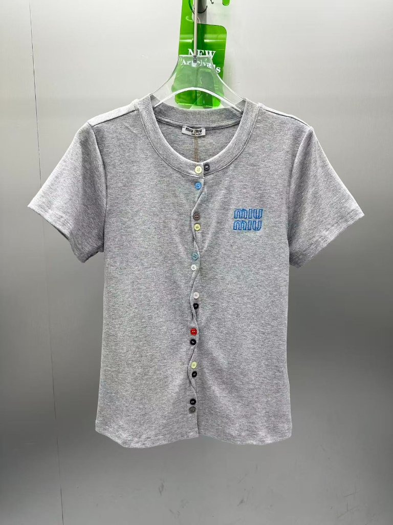 Miu Miu Color-Covered Button Grey Short-Sleeved Shirt